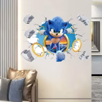 Sticker perete Sonic 3D cod 579B Sticker perete Sonic 3D cu efect de zid spart si inele aurii aplicat pe un perete modern