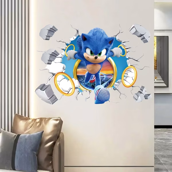 Sticker perete Sonic 3D cod 579B Sticker perete Sonic 3D cu efect de zid spart si inele aurii aplicat pe un perete modern