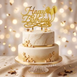 Topper Tort Plexiglas Happy Birthday Auriu topper tort happy birthday auriu gold plexiglas oglinda acrilic baloane stelute elegant aniversare decoratiuni petrecere tort etajat marmura sclipici stele aurii