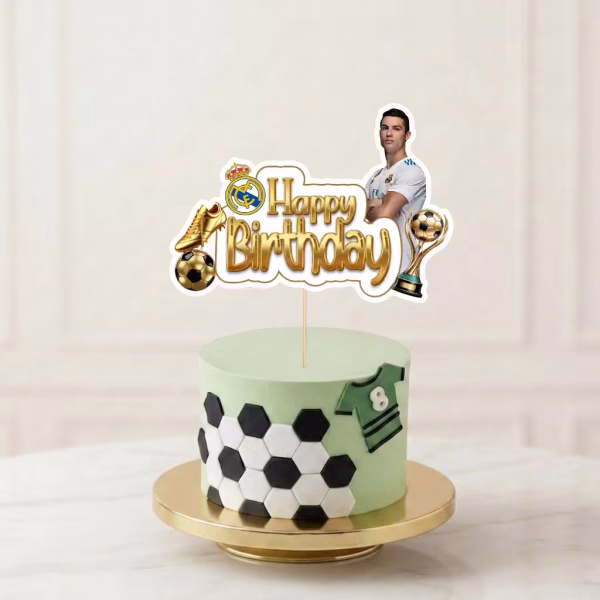 Topper Tort Happy Birthday Ronaldo Fotbal Carton 15 cm topper tort ronaldo happy birthday fotbal real madrid carton decoratiuni petrecere minge trofeu gheata aurie baieti sport