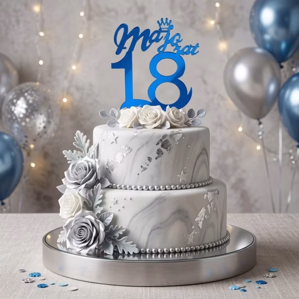 topper tort majorat 18 albastru topper tort majorat 18 albastru blue plexiglas oglinda acrilic elegant aniversare 18 ani baieti decoratiuni petrecere tort marmura trandafiri argintii
