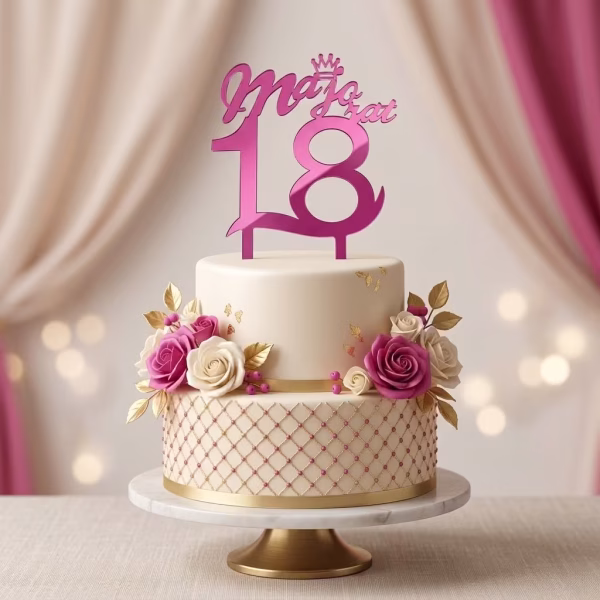 topper tort majorat 18 roz topper tort majorat 18 roz fuchsia plexiglas oglinda acrilic elegant aniversare 18 ani fete decoratiuni petrecere tort etajat flori roz trandafiri