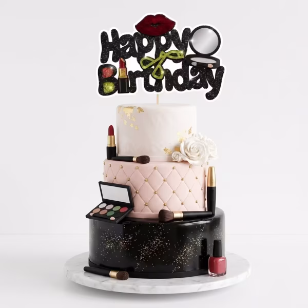 Topper Tort Make-up Happy Birthday Carton 15 cm topper tort make-up happy birthday carton decoratiuni petrecere fete femei cosmetice ruj machiaj beauty