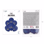 Ambalajul original al setului de 6 baloane latex happy birthday bleumarin, indicand dimensiunea de 30 cm si optiunea de umflare cu aer sau heliu.