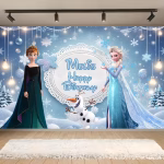 background personalizat frozen Background personalizat pentru panou foto cu tematica Frozen, ilustrandu-le pe Elsa, Anna si Olaf intr-un peisaj de iarna cu fulgi de nea, avand in centru un mesaj customizat cu numele sarbatoritei.