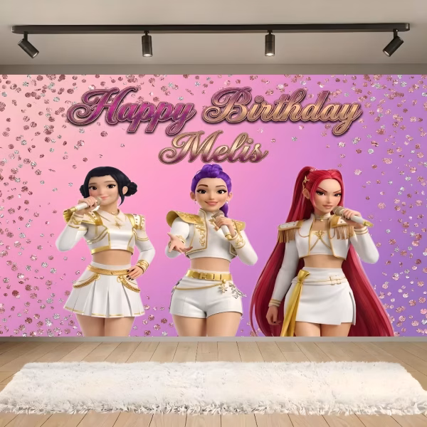background personalizat k-pop demon huntrix Background personalizat pentru panou foto cu tematica K-Pop Demon Huntrix, ilustrand trei vedete pop in tinute de scena, fundal roz-mov cu sclipici si text customizat cu numele sarbatoritei.
