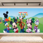 background textil mickey Mockup cu un background textil pentru panou foto cu tematica Mickey Mouse Clubhouse, ilustrandu-i pe Mickey, Minnie, Donald, Daisy si Goofy in fata clubului.