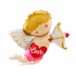Balon din folie Cupidon umflat cu heliu, plutind deasupra unei mese romantice decorate cu fata de masa rosie, lumanari si un telefon retro.