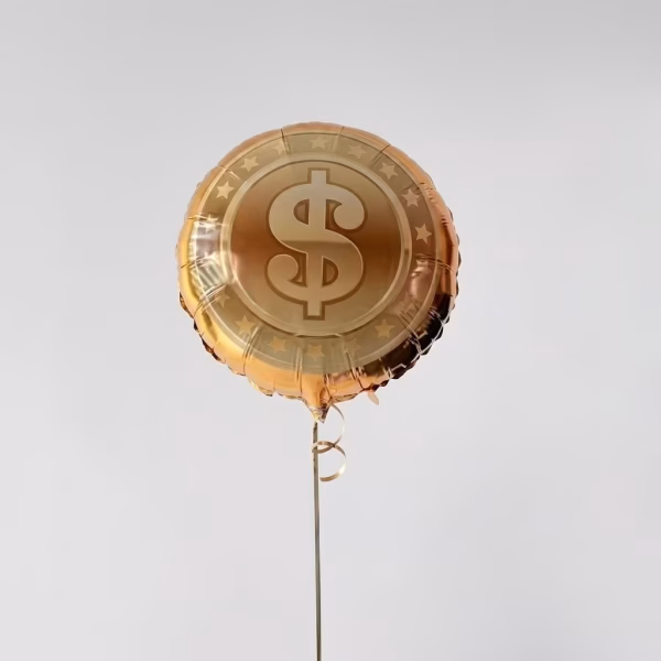 balon folie dolar Balon din folie in forma de moneda aurie cu semnul dolarului umflat cu heliu, plutind gratios ancorat de o panglica aurie.