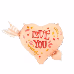 Balon din folie metalizata in forma de inima rose gold cu mesajul Love You, strapuns de o sageata argintie de Cupidon.