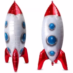 balon folie nava spatiala galaxy Balon din folie metalizata tip 3D, in forma de nava spatiala sau racheta, cu corp argintiu, varf si aripioare de sustinere rosii, si hublouri iluminate cu albastru.