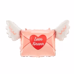 Balon din folie metalizata in forma de plic roz cu aripi albe, sigilat cu o inima rosie si mesajul romantic Love Forever.