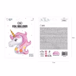 Ambalajul original al balonului folie unicorn, indicand dimensiunea de 33x51 cm, functia de autoetansare si instructiunile de folosire.