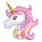 balon folie unicorn Balon din folie in forma de cap de unicorn, cu coama roz stralucitoare, corn auriu si detalii florale la baza gatului.