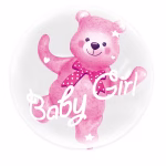 balon folie ursulet fetita Balon din folie transparent si rotund cu textul Baby Girl, avand in interior un balon in forma de ursulet de plus roz cu fundita.