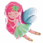 balon folie cu zana Balon din folie in forma de zana fermecata, cu par lung roz, aripi albastre pufoase si o bagheta magica aurie.
