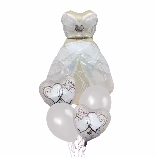 set baloane rochie mireasa Buchet festiv din 5 baloane pentru nunta, incluzand un balon folie in forma de rochie de mireasa, 2 inimi argintii si 2 baloane latex albe.