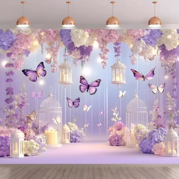 Background textil elegant pentru panou foto cu tematica de poveste, flori, fluturi mov si colivii decorative.