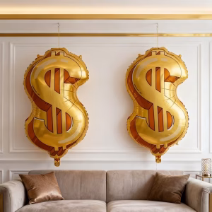 balon folie dolar Doua baloane din folie in forma semnului dolar auriu, suspendate deasupra unei canapele bej intr-un decor elegant de living.