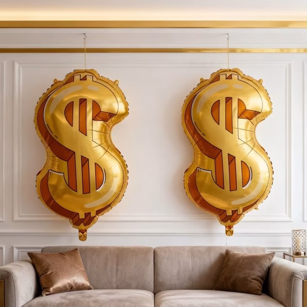 balon folie dolar Doua baloane din folie in forma semnului dolar auriu, suspendate deasupra unei canapele bej intr-un decor elegant de living.