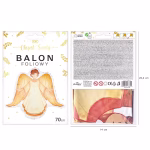 Ambalajul original al balonului folie ingeras pentru botez, afisand dimensiunea de 70 cm si instructiunile de folosire.