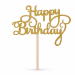 Detaliu topper tort happy birthday auriu glitter sclipici carton decupat cu bat bambus