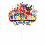 Detaliu topper tort personalizat Iepurasul Bing Sula Flop Pando nasturi nume varsta carton imprimat premium