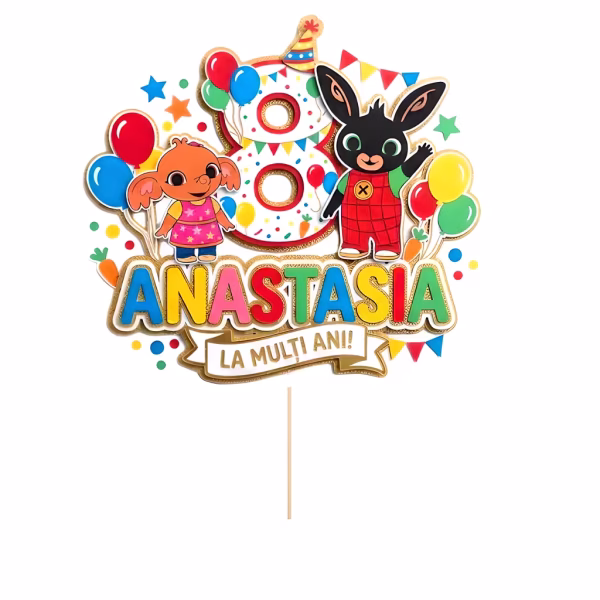 Topper pentru tort personalizat din carton premium ilustrând personajele Bing și Sula alături de baloane colorate, integrând numele cu litere 3D multicolore și vârsta copilului