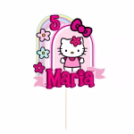 Detaliu topper tort personalizat Hello Kitty curcubeu floricele nume si varsta carton imprimat premium