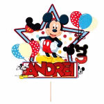 Detaliu topper tort personalizat Mickey Mouse cu baloane stelute nume si varsta carton imprimat premium