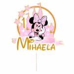 Detaliu topper tort personalizat Minnie Mouse castel roz stelute aurii nume varsta carton imprimat premium