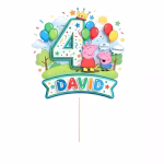 Detaliu topper tort personalizat Peppa Pig si George dinozaur baloane noroi nume varsta carton imprimat premium