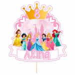 Detaliu topper tort personalizat Prințese castel roz coroana aurie nume si varsta carton imprimat premium