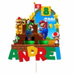 Detaliu topper tort personalizat Super Mario Luigi Bowser Yoshi Toad castel nume si varsta carton imprimat premium