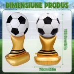 Detalii grafice privind dimensiunile balonului gigant in forma de cupa cu minge de fotbal, ilustrat pe un fundal de stadion verde.