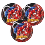 Farfurii din carton cu imprimeu Spiderman Webs ilustrand supereroul Marvel in costumul clasic rosu cu albastru intr o postura dinamica pe un fundal rosu si negru