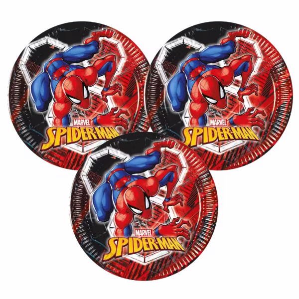 Farfurii din carton cu imprimeu Spiderman Webs ilustrand supereroul Marvel in costumul clasic rosu cu albastru intr o postura dinamica pe un fundal rosu si negru