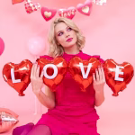ghirlanda baloane inima love O tanara blonda imbracata in roz, tinand in maini o ghirlanda din baloane folie rosii sub forma de inimi pe care scrie cuvantul LOVE.
