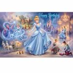Grafica completa pentru background textil Cenusareasa Cod 722B, prezentand personajele principale, soarecii, trasura magica si dansul de la castel.
