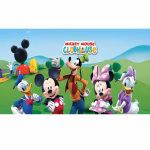 Grafica completa pentru background textil Mickey Mouse Clubhouse Cod 723B, prezentand personajele principale pe un camp verde luminos.