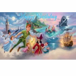 Grafica completa pentru background textil Peter Pan Cod 721B, prezentand personajele in Tara de Nicaieri, corabia piratilor si textul Happy Birthday.