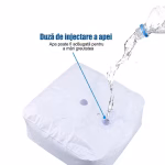 Instructiuni vizuale de utilizare pentru perna greutate destinata arcadelor de baloane, ilustrand turnarea apei dintr-o sticla de plastic in duza de injectare pentru a mari greutatea.