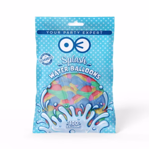 baloane colorate cu apa Ambalajul albastru cu buline albe al unui pachet ce contine 100 de baloane colorate speciale pentru apa, marca Splash Water Balloons.