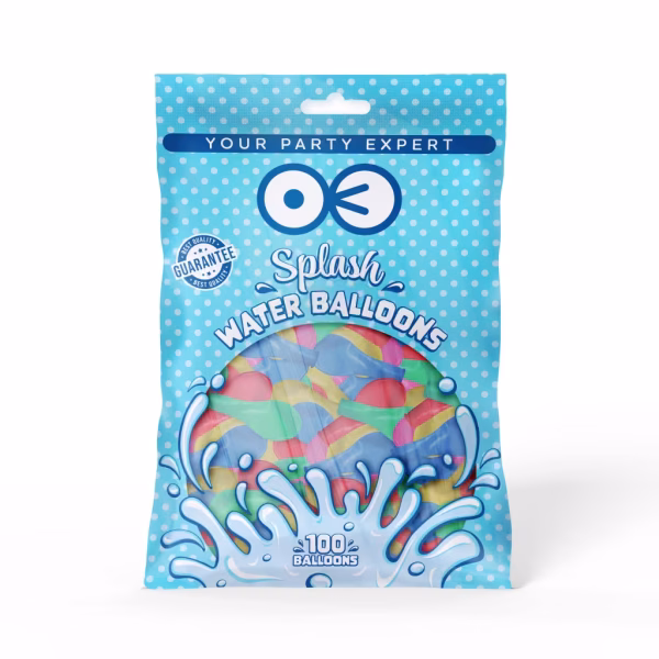 baloane colorate cu apa Ambalajul albastru cu buline albe al unui pachet ce contine 100 de baloane colorate speciale pentru apa, marca Splash Water Balloons.