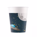 Un set de 8 pahare din carton pentru petreceri, asezate in stiva, capacitate 200ml. Designul ilustreaza spatiul cosmic cu un fundal instelat, o nava spatiala tip OZN si Luna.