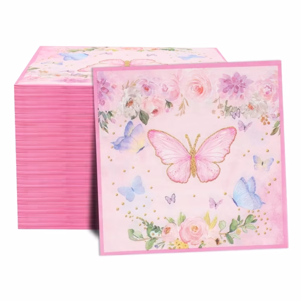 set 20 servetele fluturi 33x33 cm Set de 20 servetele din hartie pentru petrecere, dimensiune 33x33 cm. Design delicat in stil acuarela pe fundal roz deschis, ilustrand in centru un fluture cu detalii aurii, inconjurat de aranjamente cu trandafiri si fluturasi zburatori.