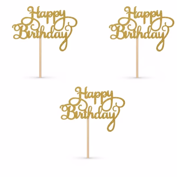 Set 3 Toppere Tort Happy Birthday Auriu Glitter Set 3 toppere tort happy birthday auriu glitter sclipici pentru decor candy bar si prăjituri