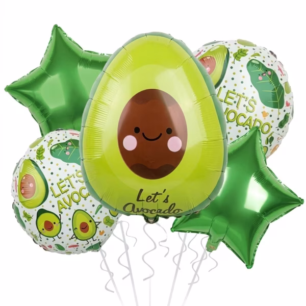 set 5 baloane folie avocado Set 5 baloane din folie pentru petreceri tematice. Contine un balon figurina avocado zambitor cu mesajul Let's Avocado, doua baloane in forma de stea verde si doua baloane rotunde cu imprimeu avocado.