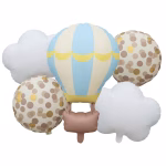 set 5 baloane folie balon aer cald bleu Set 5 baloane din folie pentru petreceri de baietei, format dintr-un balon gigant cu aer cald bleu si crem, doi norisori albi si doua baloane rotunde cu buline maro si aurii.