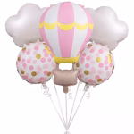 set 5 baloane folie balon aer cald roz Set 5 baloane din folie pentru petreceri de fetite, format dintr-un balon gigant cu aer cald roz si alb, doi norisori albi sidefati si doua baloane rotunde cu buline roz si aurii.